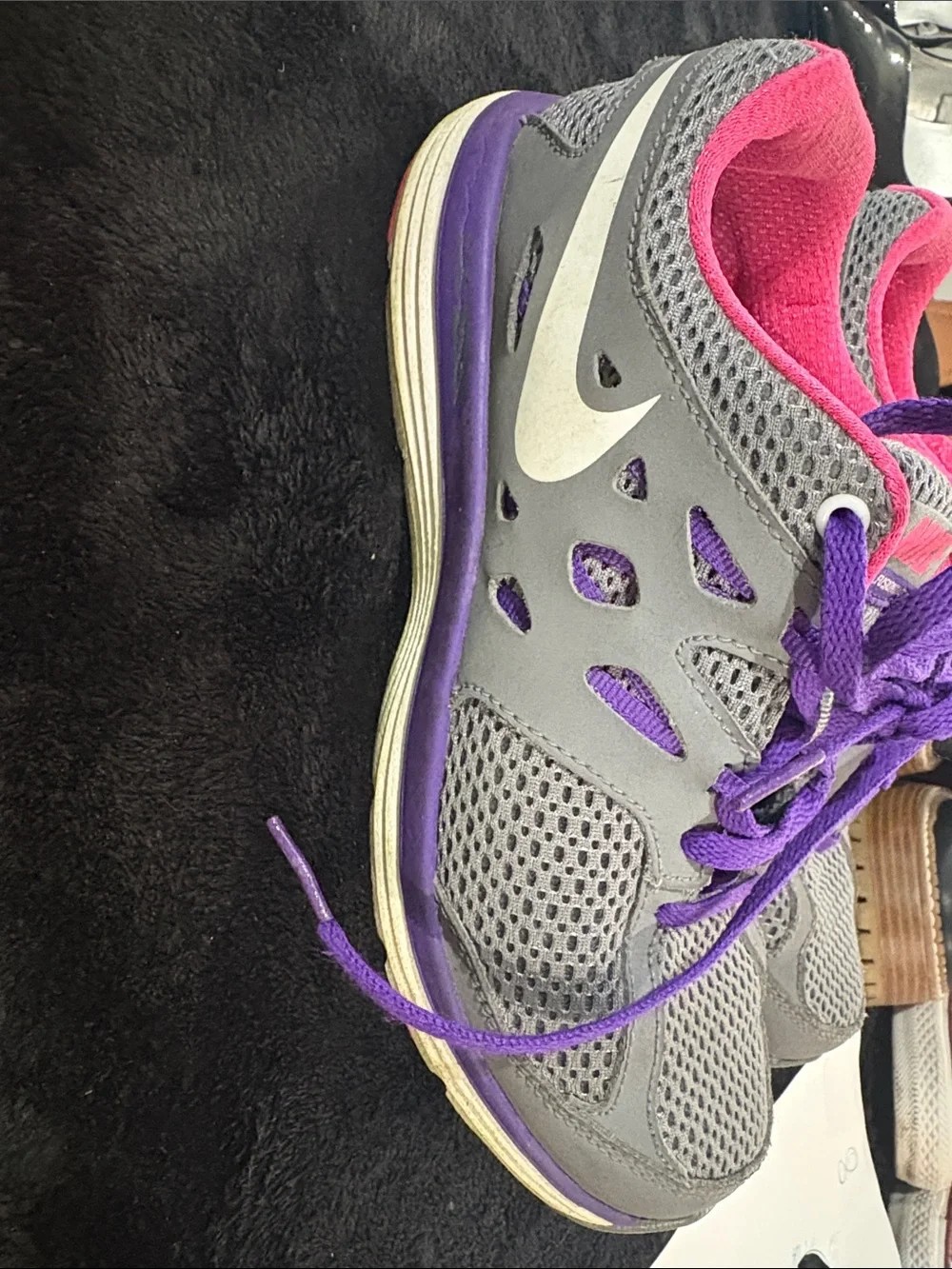 Nike Kids  Gray Sneakers with Purple Laces and Pink Lining